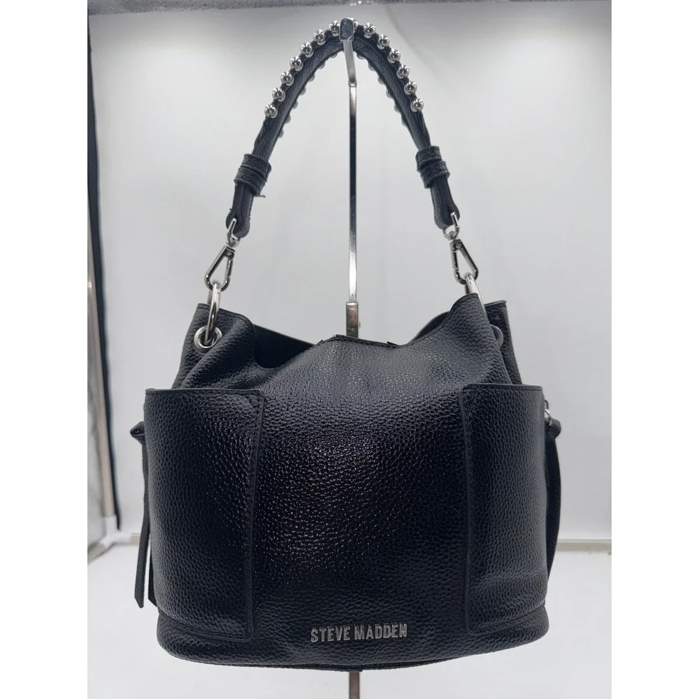 Steve Madden Black Pebbled Vegan Leather Studded Handle Hobo Bucket Bag